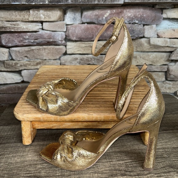 SAM EDELMAN Gold Glitter Metallic Bow High Heel Sandal Ankle Strap Women's 9 - Picture 12 of 16